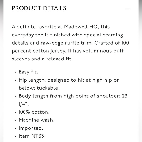 NWT MADEWELL Puff Sleeve Cotton Tee XS - Picture 9 of 9